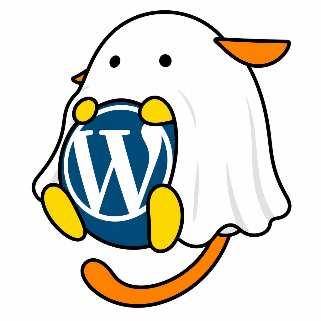 Wapuu: Ghost sheet over original Wapuu, tiny eye holes reveal only black dot eyes, face fully hidden, WP ball unchanged, ears and tail visible