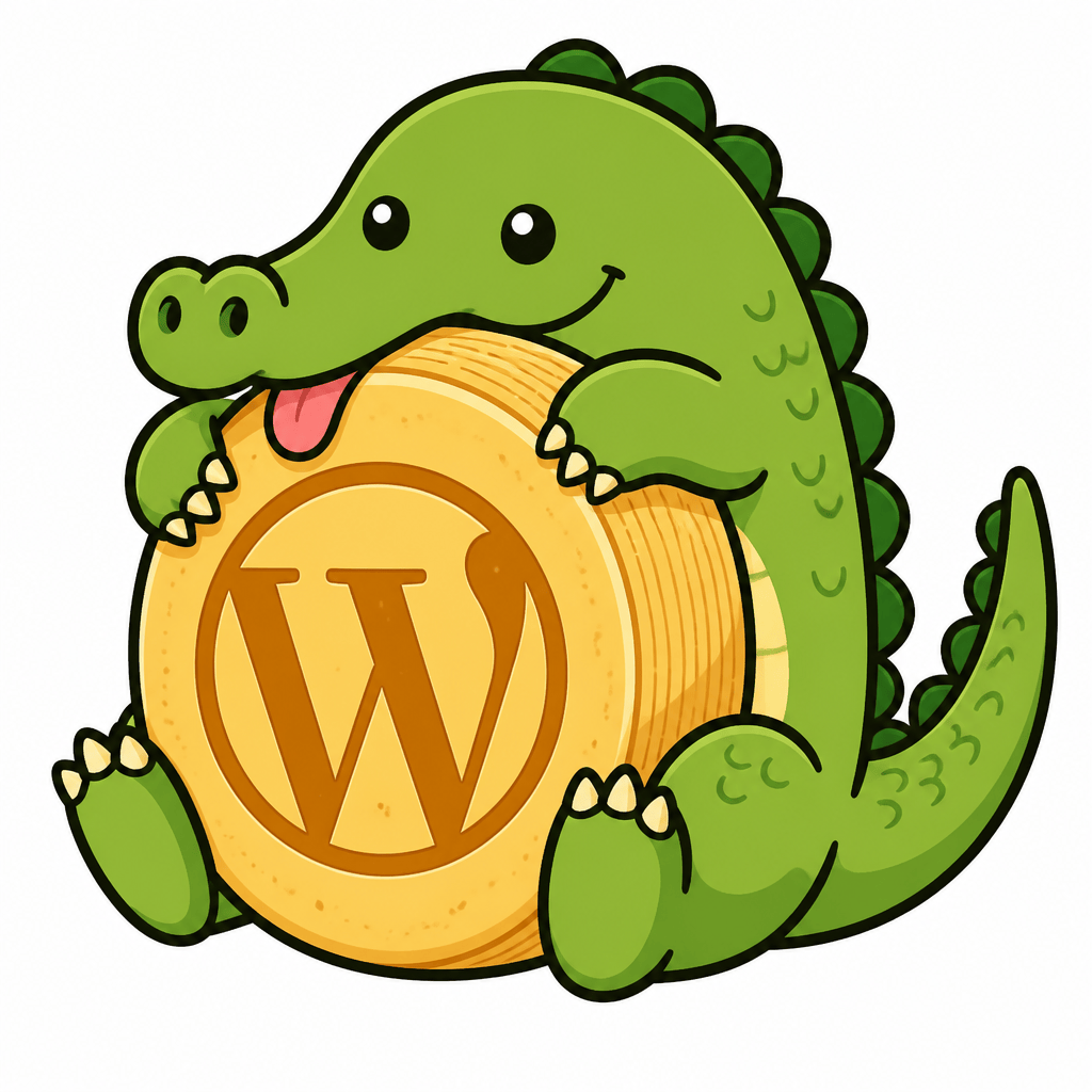 Wapuu: Green alligator Wapuu, no ears, long snout, scaly tail and feet, tongue out, hugging a rustic cheese wheel with the WP logo.