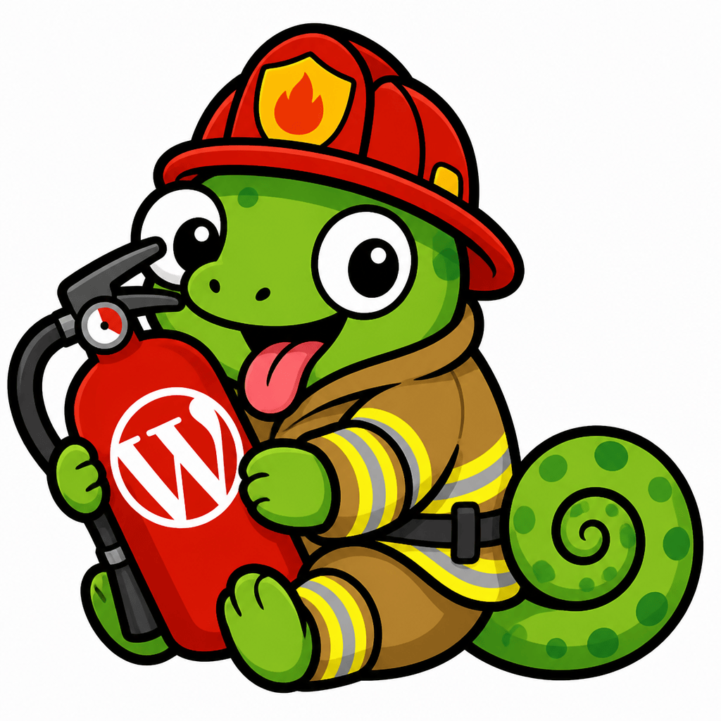 Wapuu: Green chameleon Wapuu in firefighter gear, no ears, bulging eyes, curled tail, tongue out, hugging a WP-logo fire extinguisher.