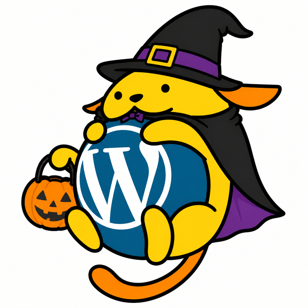 Wapuu: Halloween wapuu, Keep original Wapuu face: solid black round eyes, no highlights/blush, simple black oval nose, original curved mouth