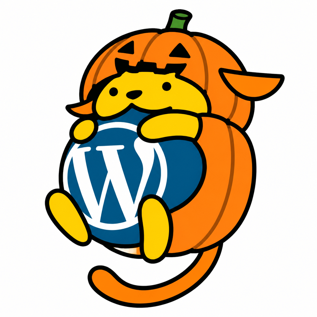 Wapuu: Jack-o-lantern costume, preserve exact original Wapuu face, tiny black eyes, original mouth, same proportions, minimal pumpkin detail.