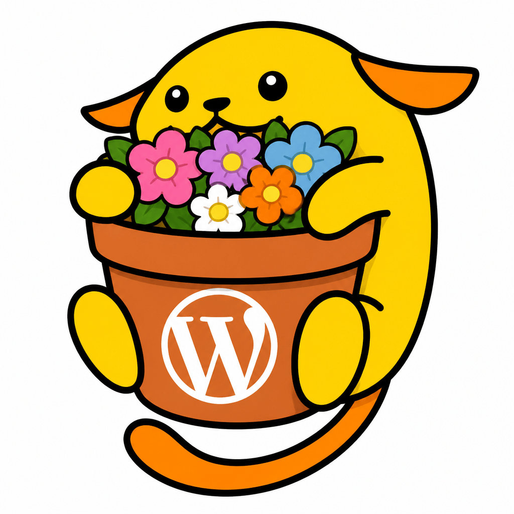 Wapuu: Just a green cute crocodile, hugging a terracotta flowerpot with colorful flowers. The pot features a WordPress logo