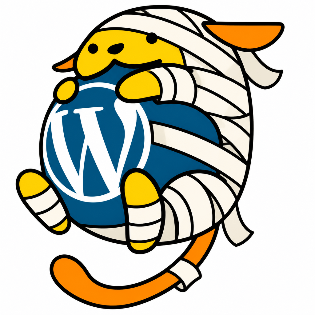Wapuu: Mummy Wapuu, preserve exact original face, tiny black eyes, original mouth, loose white bandages, ears and tail visible, WP ball unchanged