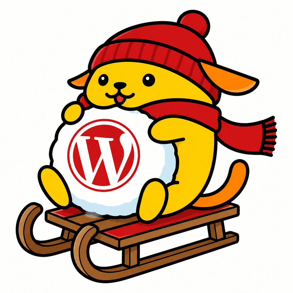 Wapuu: Pinzgau snowball. wapuu red colors, where the wordpress logo displays on the snowball in a color for constrast on a snowsled