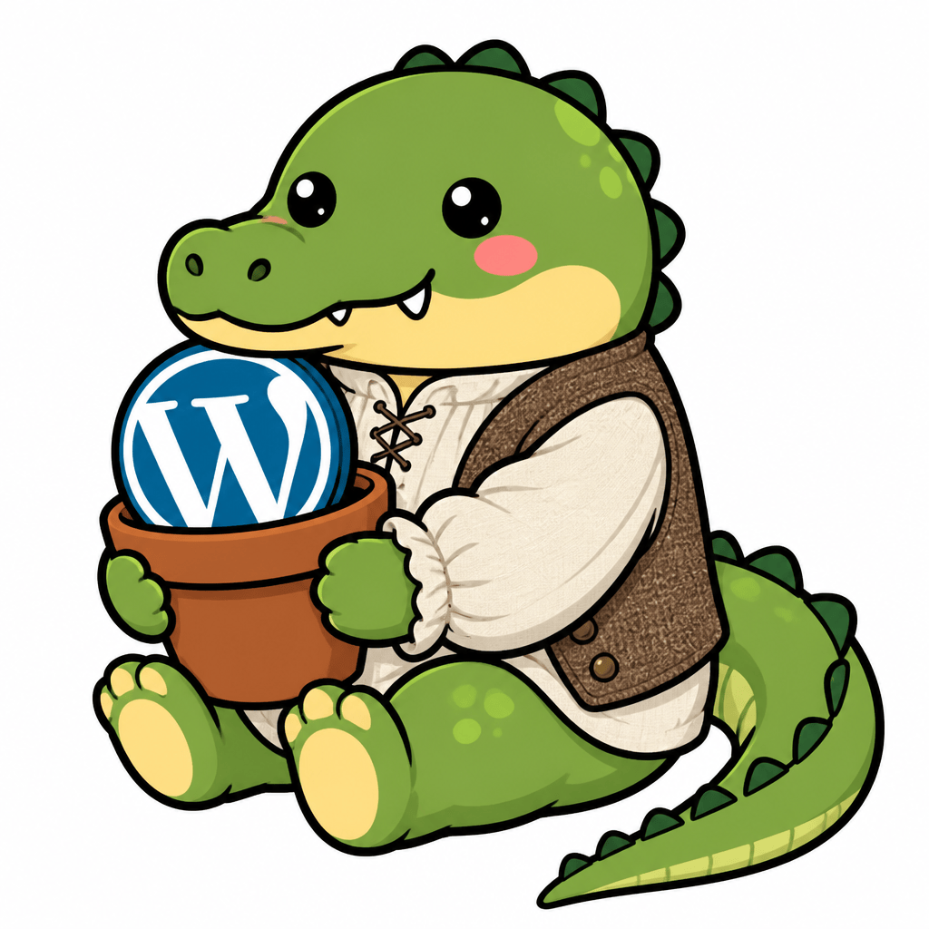 Wapuu: Transform to a cute green alligator, long tail, no ears, wearing a 1750 German linen shirt and wool vest, hugging a WP logo flowerpot