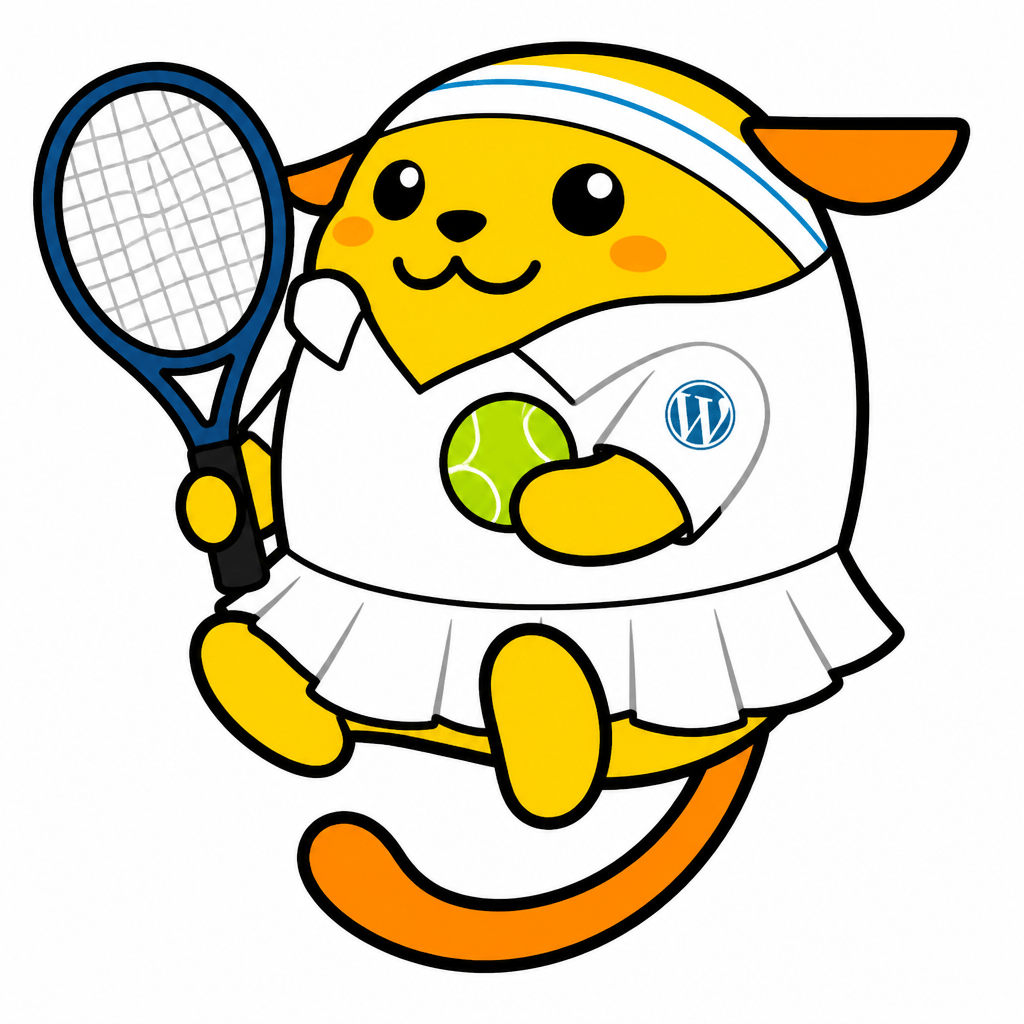 Wapuu: Wapuu dressed for tennis! In a white skirt and a white polo shirt with WP logo on the sleeve, she has a racquet and a ball.