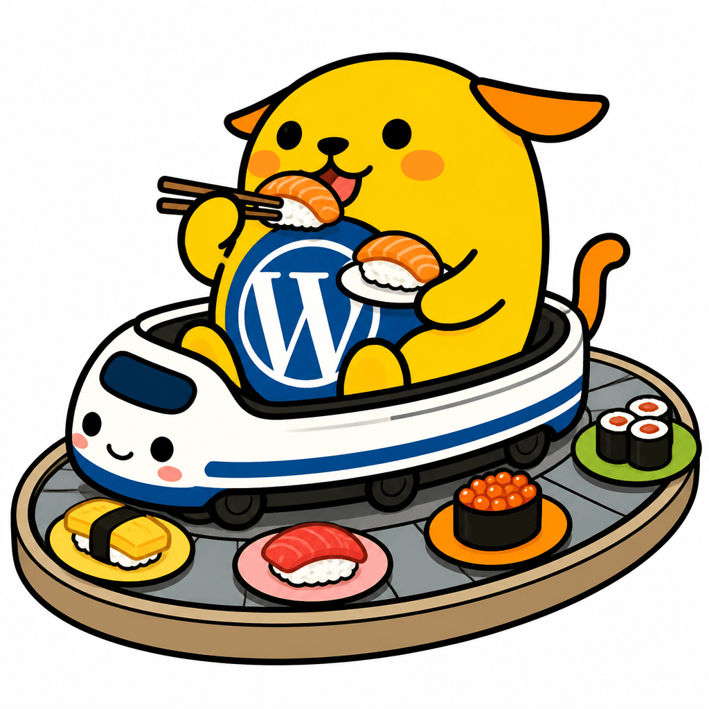 Wapuu: wapuu sitting inside sushi train eating
