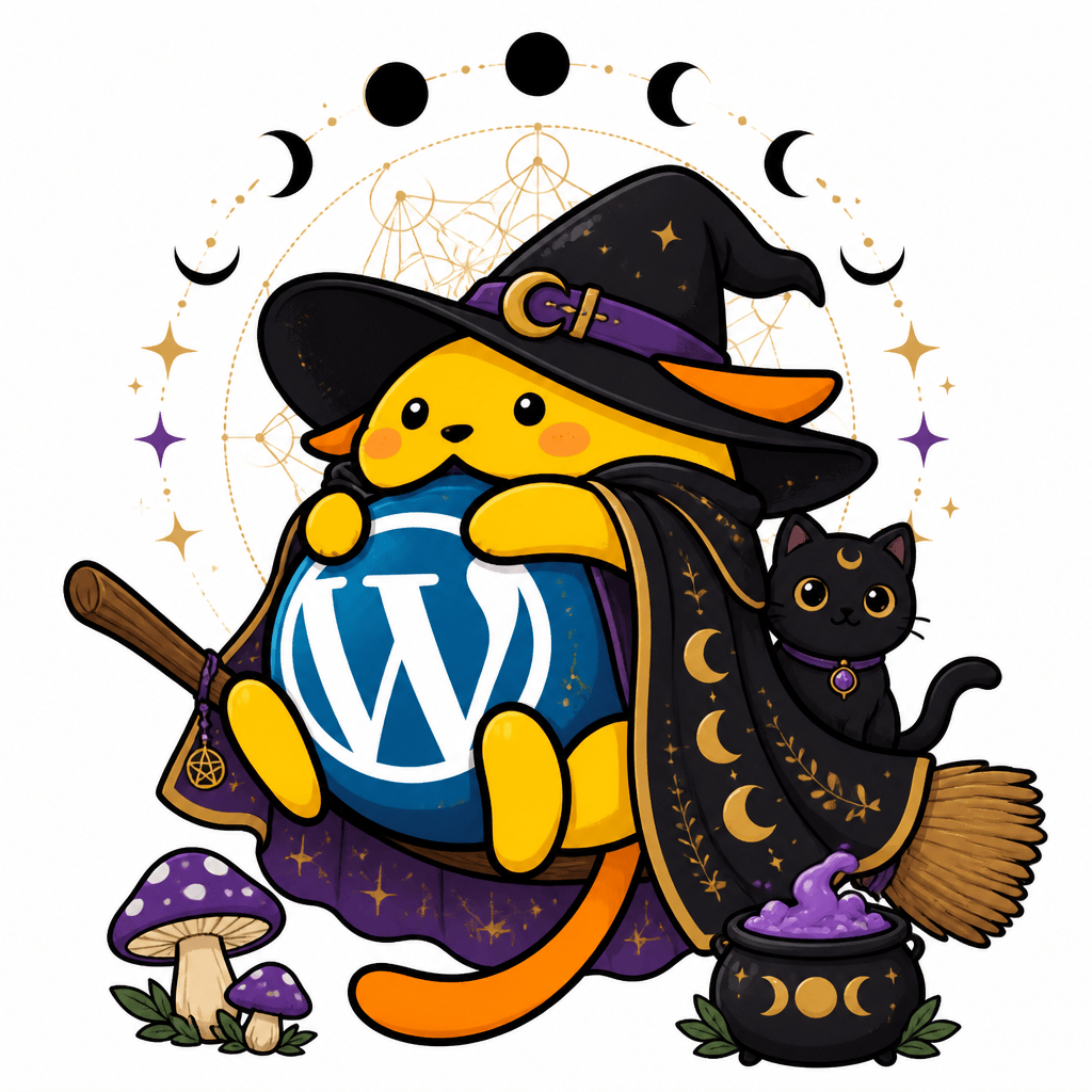 Wapuu: witchy wapuu with broomstick mushrooms cauldron flowing gown black cat moon cycls in background sacred geometry